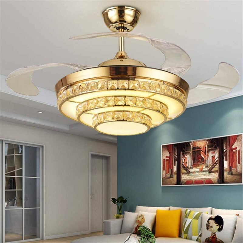 fandom lights chandelier ceiling fan chandelier with 3 layer crystal and remote control 4 retractable abs blades warm white