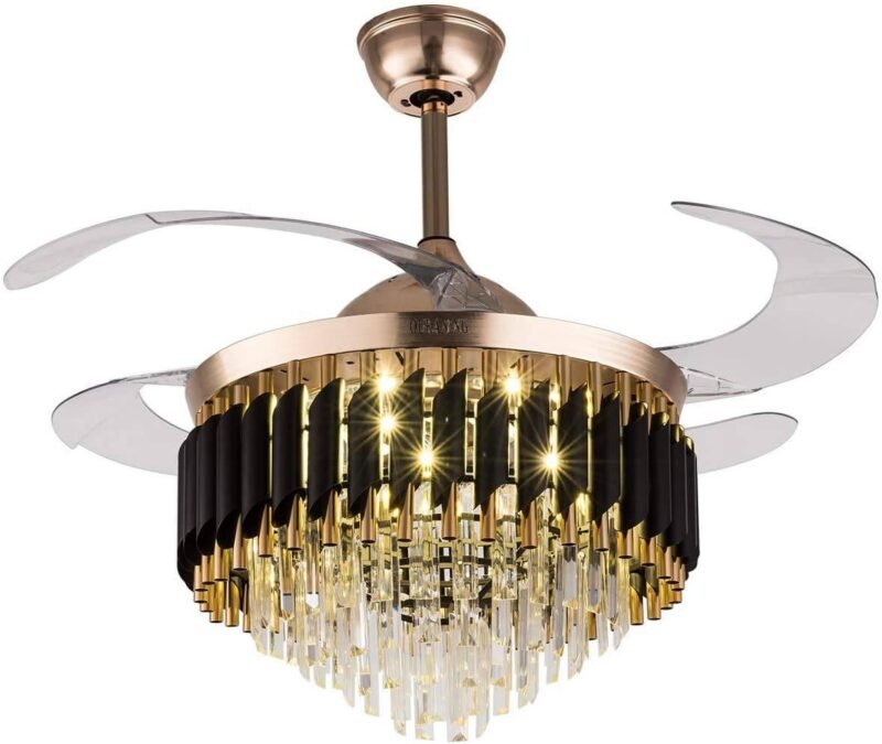 Fandom Lights Chandelier Crystal Ceiling Fan Chandelier Luxury Hiding Quiet 42 Inch Gold Retractable Ceiling Fan Light Led 3 Color Setting Dual Control Remote Warm White