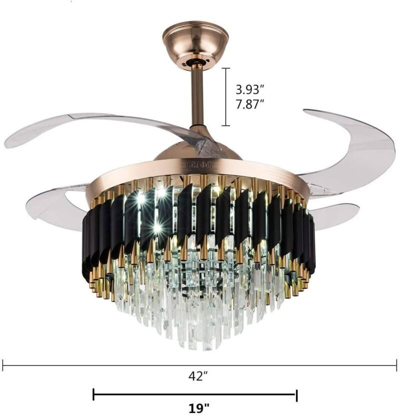 Fandom Lights Chandelier Crystal Ceiling Fan Chandelier Luxury Hiding Quiet 42 Inch Gold Retractable Ceiling Fan Light Led 3 Color Setting Dual Control Remote Warm White