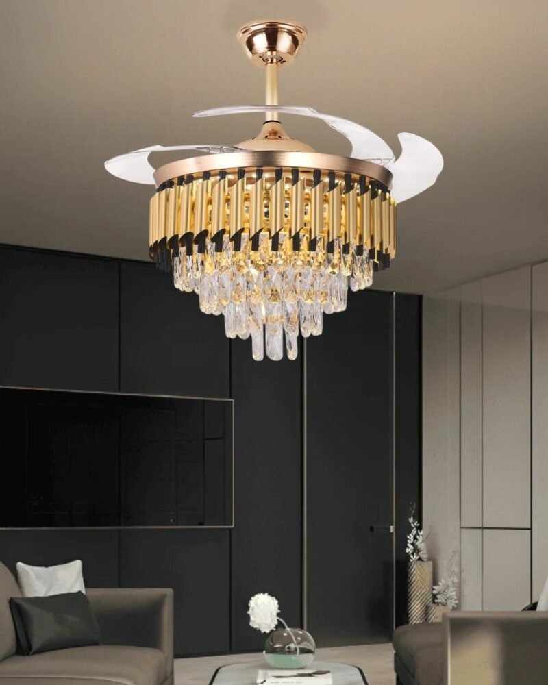 Golden Cascade Crystal Retractable Ceiling Fan + Chandelier Light (with Remote Control)