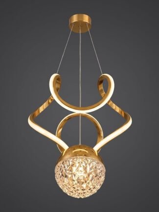 Decor Chronicle Chandelier for Living Room Modern| Curved Gold Frame with Crystal Globe| 3 Colour LED Ceiling Light| Metal + Profile + Acrylic| Pendant Light for Bedroom Hall Dining