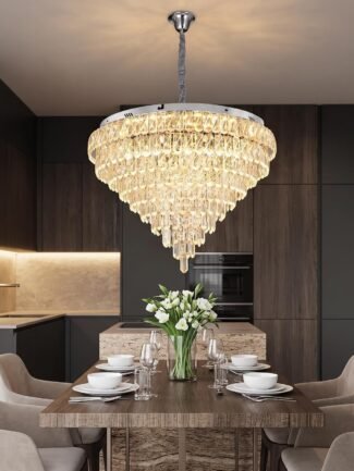 Decor Chronicle Crystal Chandelier for Living Room| Square Tiered Clear Crystal Droplets| Chrome Frame| 3 Colour LED Ceiling Light| Jhumar for Hall Dining Room Bedroom|800mm