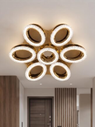 Decor Chronicle Chandelier for Living Room Modern| Floral Ring Design Gold Frame with Crystal Edge Detailing| Remote Dimming Control| 3 Colour LED Ceiling Light