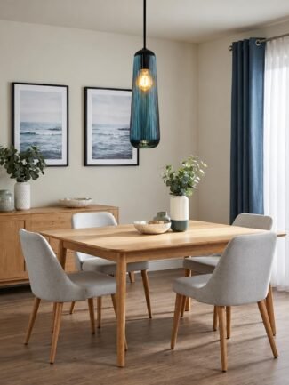 Decor Chronicle Single Pendant Hanging Light| Ribbed Teal Blue Glass Shade| Metal Body| Ceiling Lamp for Living Room Bedroom Dining| E27 Bulb Compatible