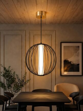 Decor Chronicle Cage Globe Pendant Light| LED Hanging Light for Living Room Bedroom Dining Hall| Pearl Black Metal Frame| 10W Warm White| Single Head Ceiling Lamp