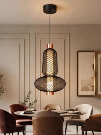 Decor Chronicle LED Pendant Hanging Light| Rose Gold Black Wire Mesh Shade| 10W Warm White| Ceiling Lamp for Living Room Bedroom Dining| Single Head Modern Pendant